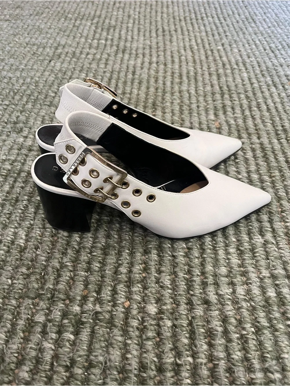 Derek Lam White Pointed Slingback Block Heel with Buckle Accents
